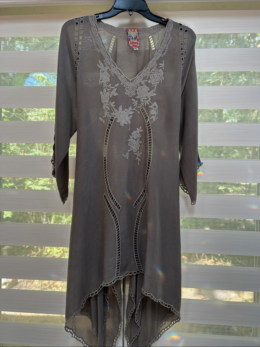 Johnny Was Taupe Embroidered Asymmetrical Tunic - Picture 15 of 16